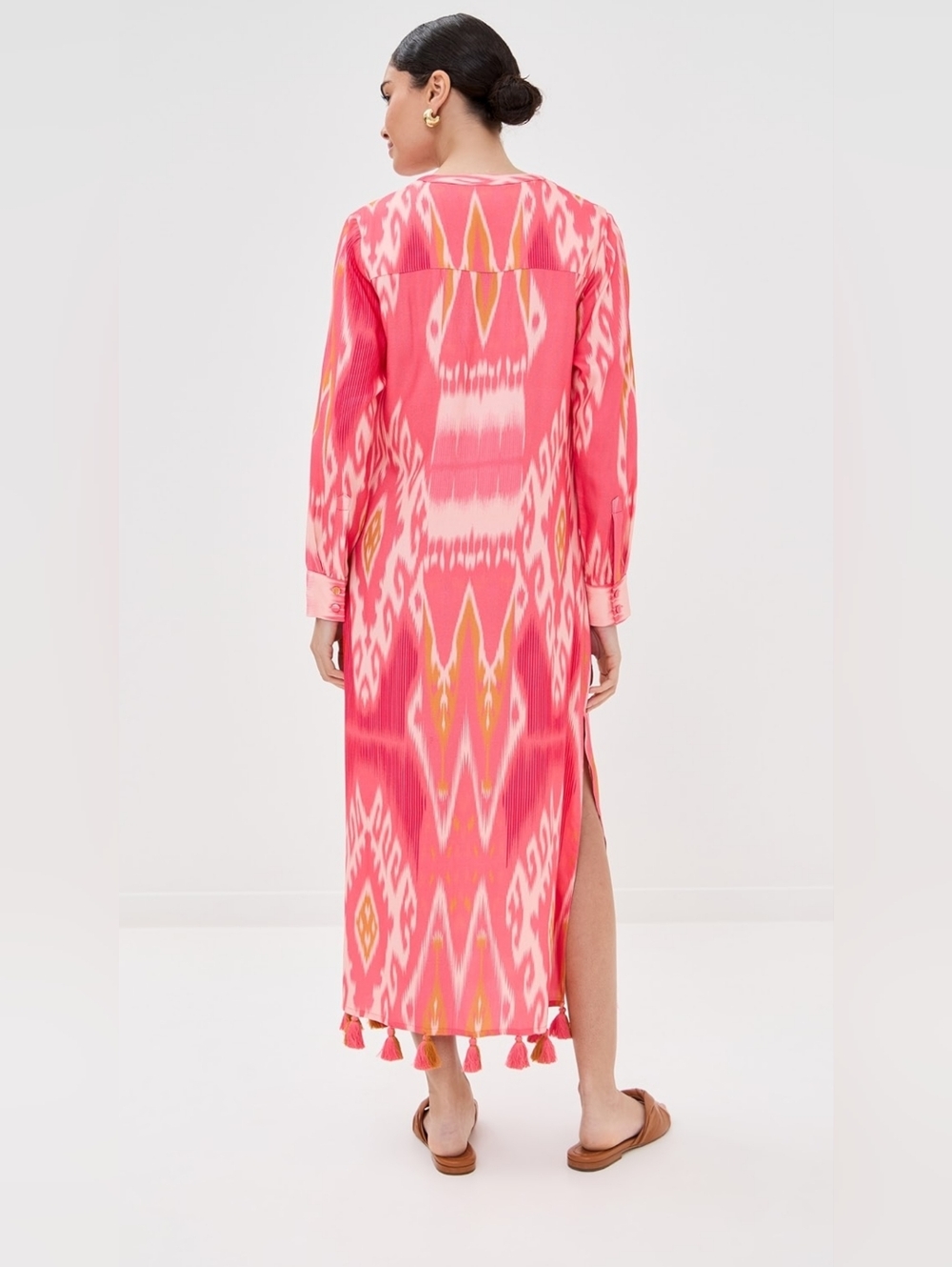 Figue Dress Margaux Salome Ikat Sunset Coral Tassel Kaftan Size L - Picture 4 of 16